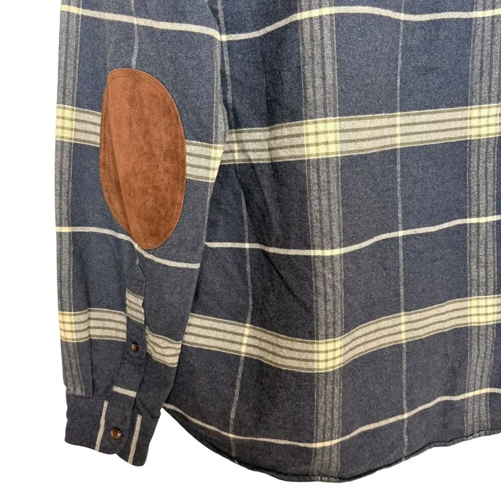 J. Crew Men’s Cotton Leather Flannel Plaid Shirt Size M Elbow Patches Blue